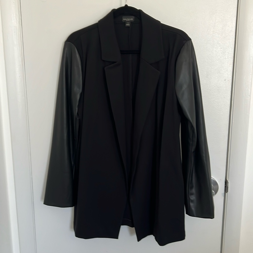 Ann Taylor Black Oversized Jacket with Faux Leather Sleeves